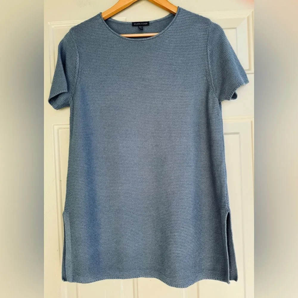 Eileen Fisher Blue Short-Sleeve Sweater with Striped Scarf